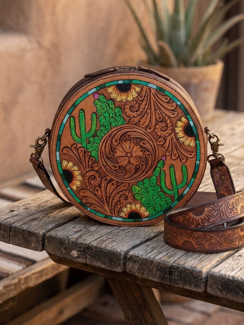 American Darling Desert Sunflower Bloom Tooled Crossbody Canteen Bag - Picture 5 of 6